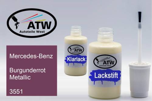 Mercedes-Benz, Burgunderrot Metallic, 3551: 20ml Lackstift + 20ml Klarlack - Set, von ATW Autoteile West.